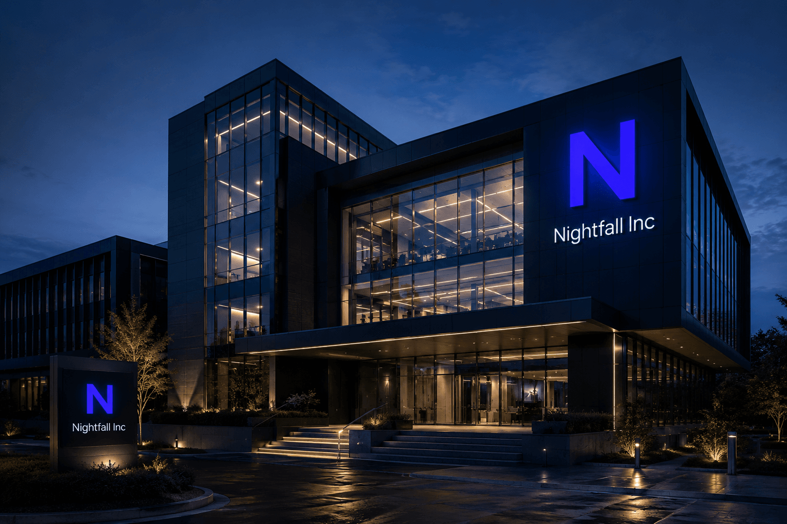 Nightfall Inc headquarters at night